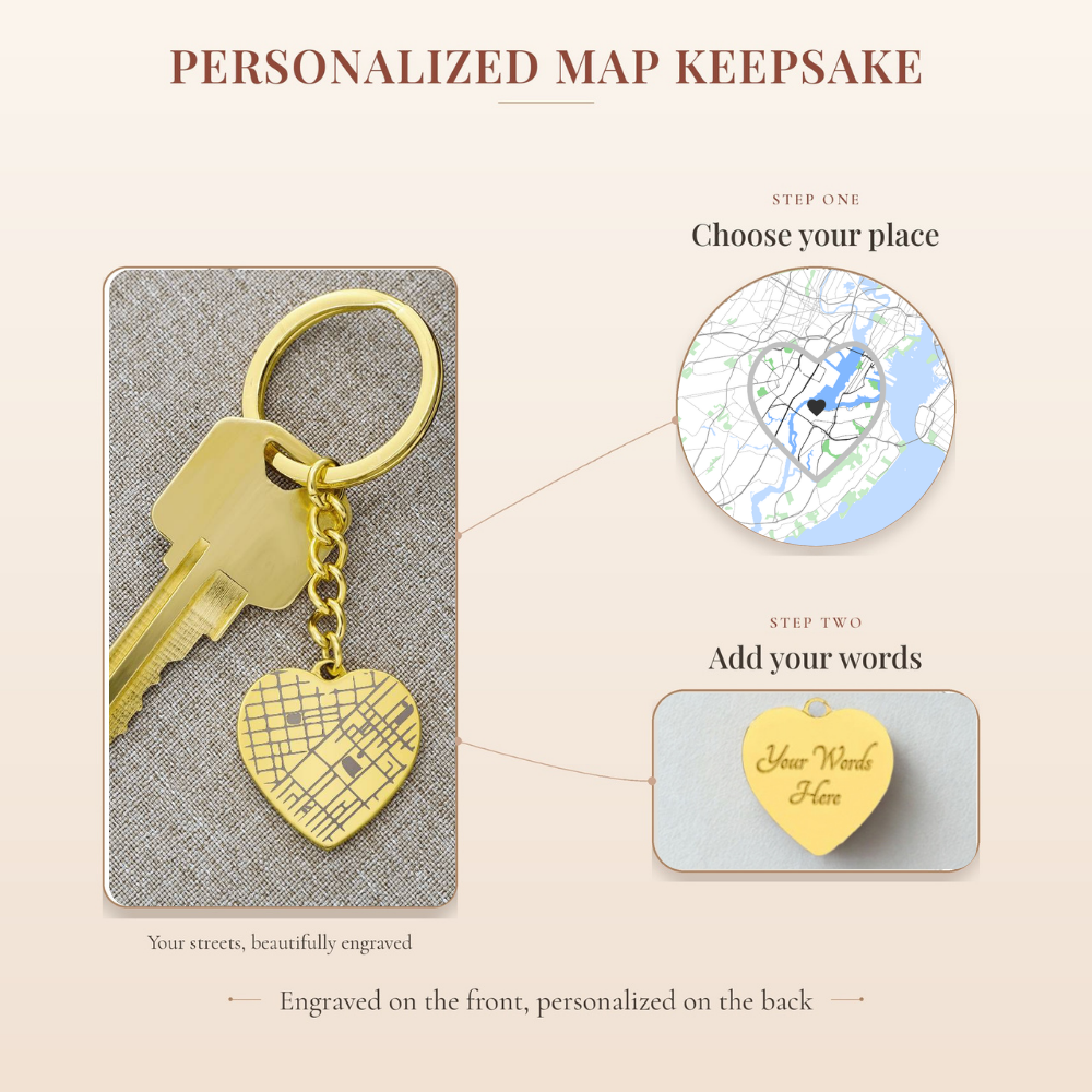 Personalized map heart keychain detail – Heart Memento