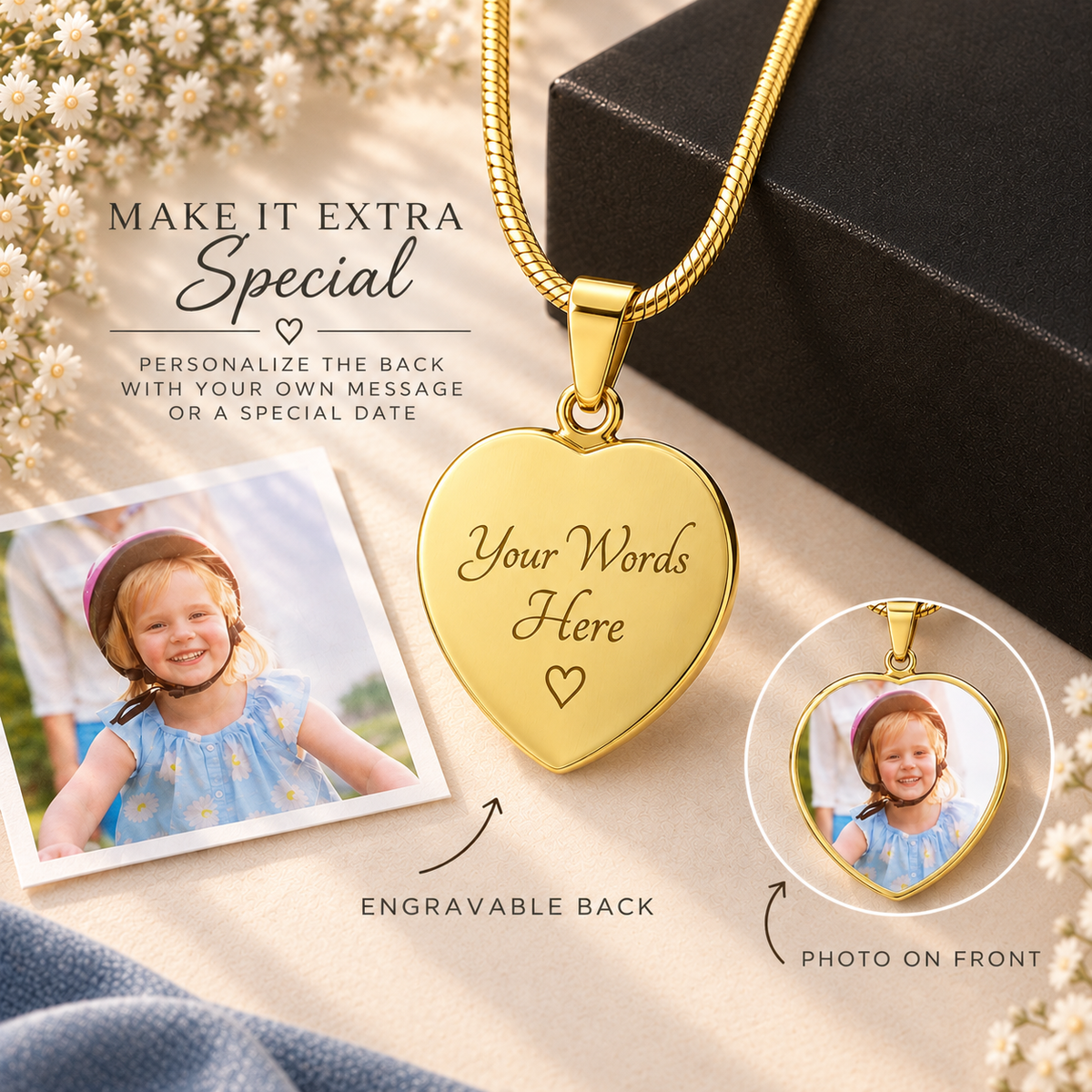 Heart Memento™ Warmlyframed Personalized Heart Photo Necklace – Custom Heart Picture Pendant Necklace for Her