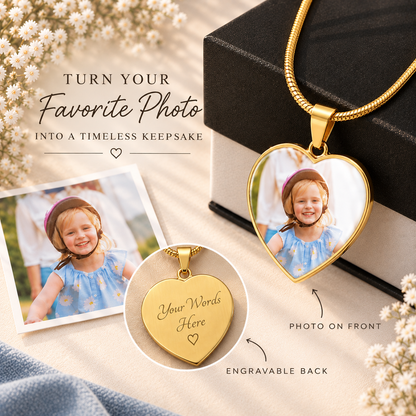 Heart Memento™ Warmlyframed Personalized Heart Photo Necklace – Custom Heart Picture Pendant Necklace for Her