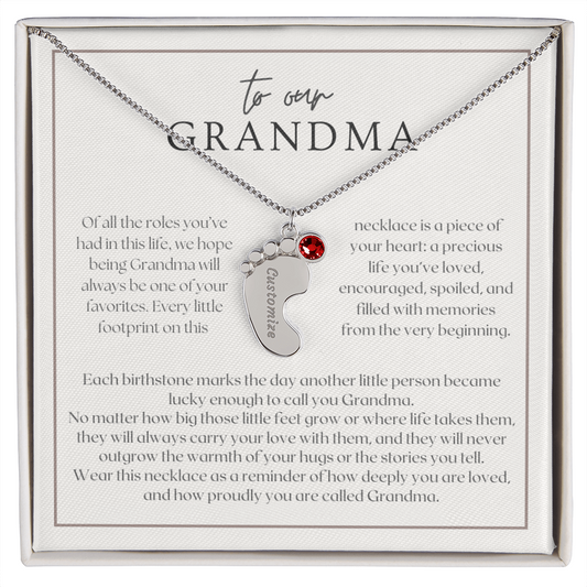 Heart Memento™ Softlykept Baby Feet Necklace with Birthstones | “Lucky Enough to Call You Grandma” Engraved Gift for Grandma from Grandkids