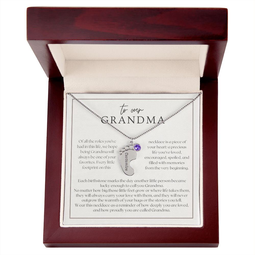 Heart Memento™ Softlykept Baby Feet Necklace with Birthstones | “Lucky Enough to Call You Grandma” Engraved Gift for Grandma from Grandkids