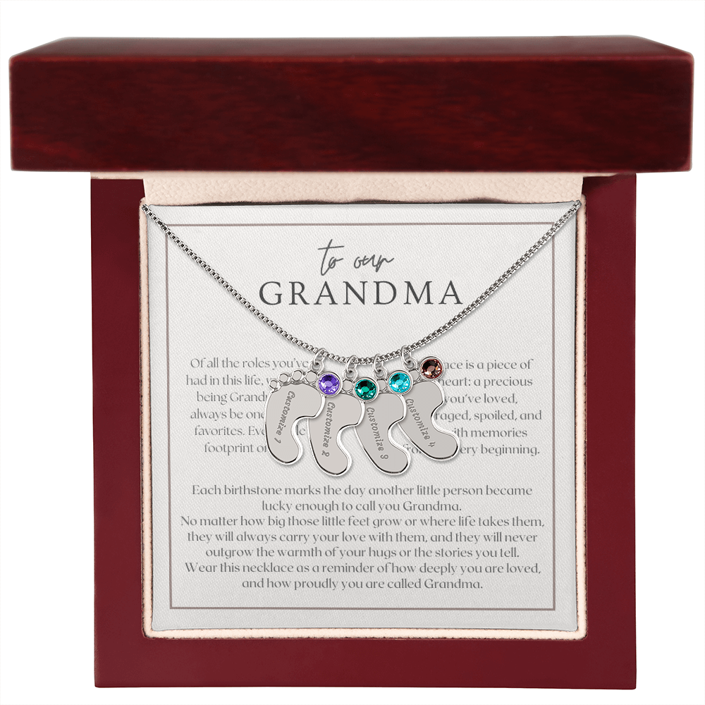 Heart Memento™ Softlykept Baby Feet Necklace with Birthstones | “Lucky Enough to Call You Grandma” Engraved Gift for Grandma from Grandkids