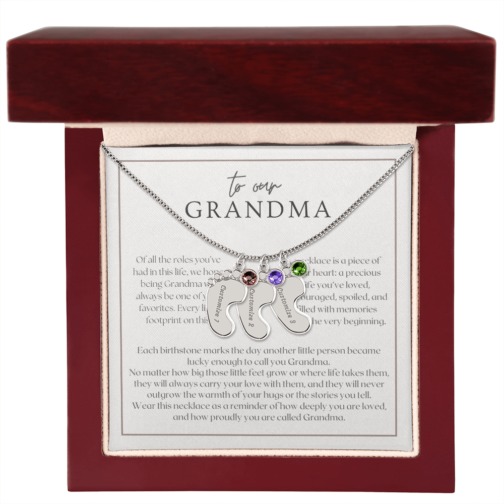 Heart Memento™ Softlykept Baby Feet Necklace with Birthstones | “Lucky Enough to Call You Grandma” Engraved Gift for Grandma from Grandkids