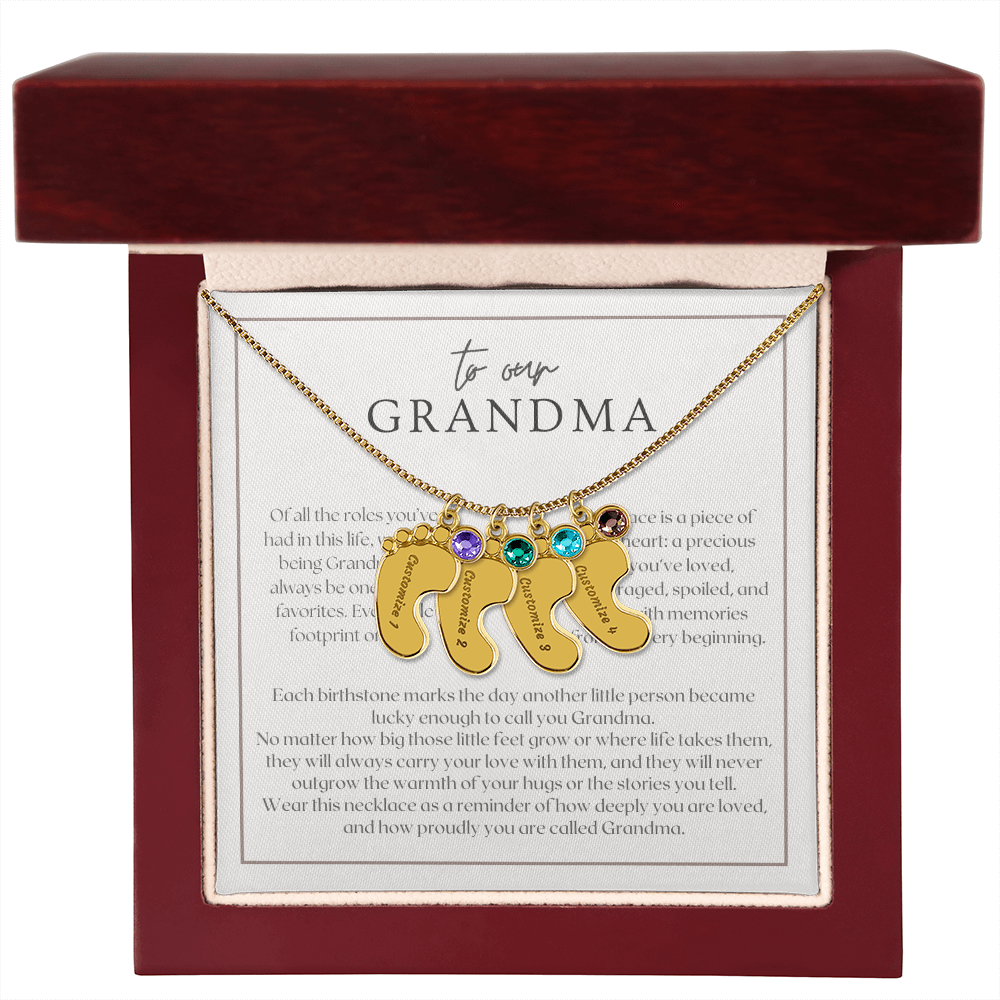 Heart Memento™ Softlykept Baby Feet Necklace with Birthstones | “Lucky Enough to Call You Grandma” Engraved Gift for Grandma from Grandkids