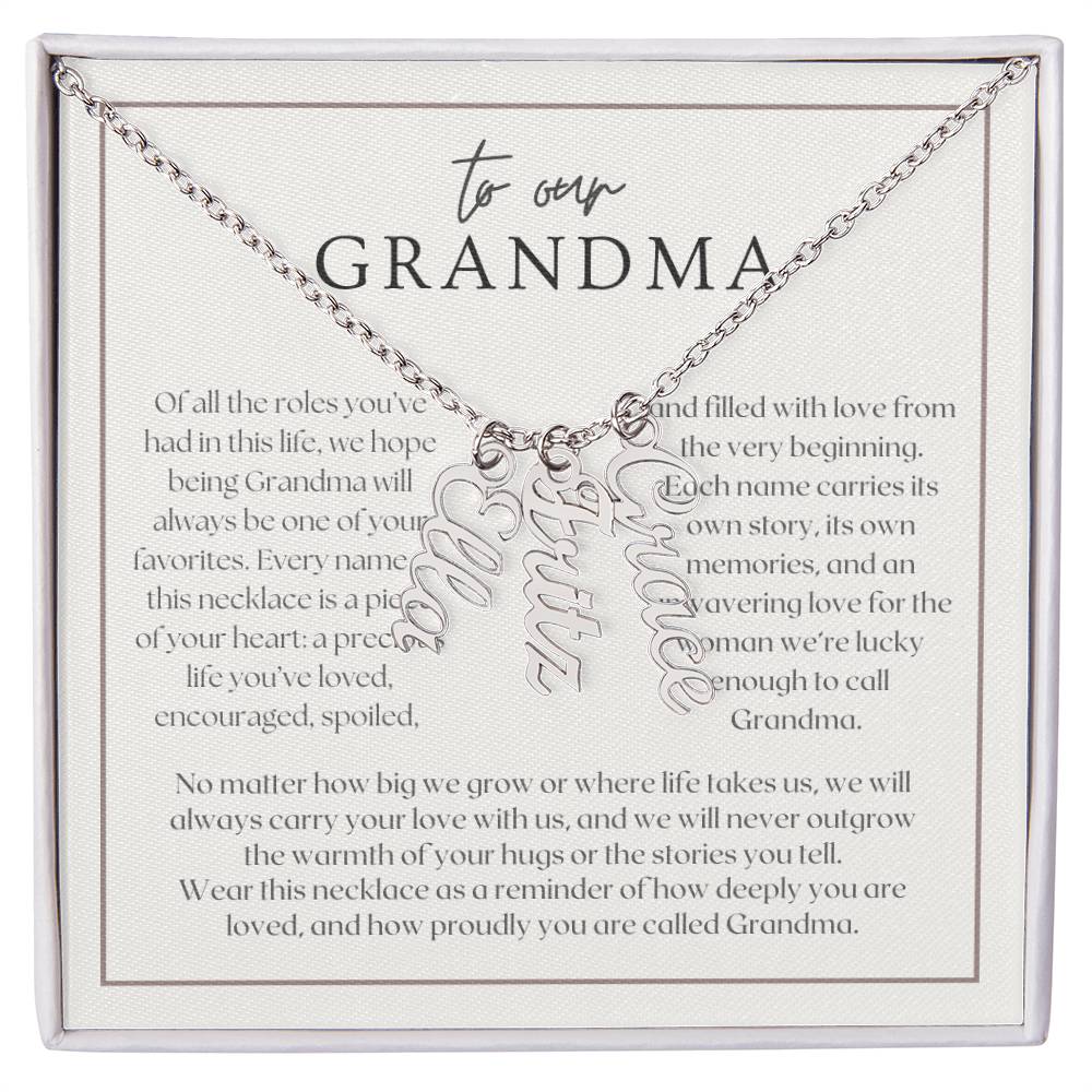 Heart Memento™ Lovescribed Multi Vertical Name Necklace | Personalized Gift for Grandma with Her Grandkids' Names