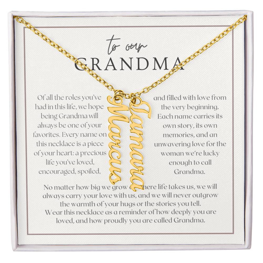 Heart Memento™ Lovescribed Multi Vertical Name Necklace | Personalized Gift for Grandma with Her Grandkids' Names