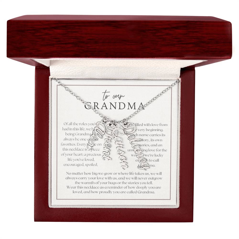 Heart Memento™ Lovescribed Multi Vertical Name Necklace | Personalized Gift for Grandma with Her Grandkids' Names