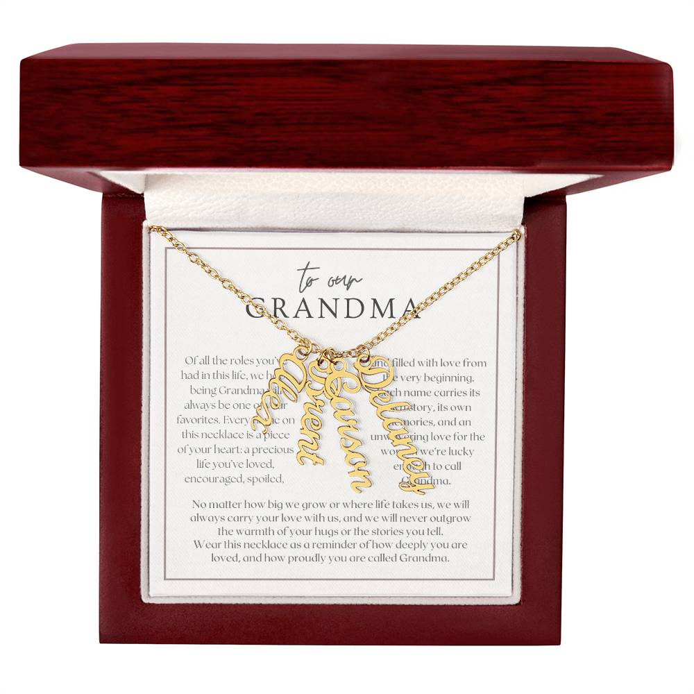 Heart Memento™ Lovescribed Multi Vertical Name Necklace | Personalized Gift for Grandma with Her Grandkids' Names