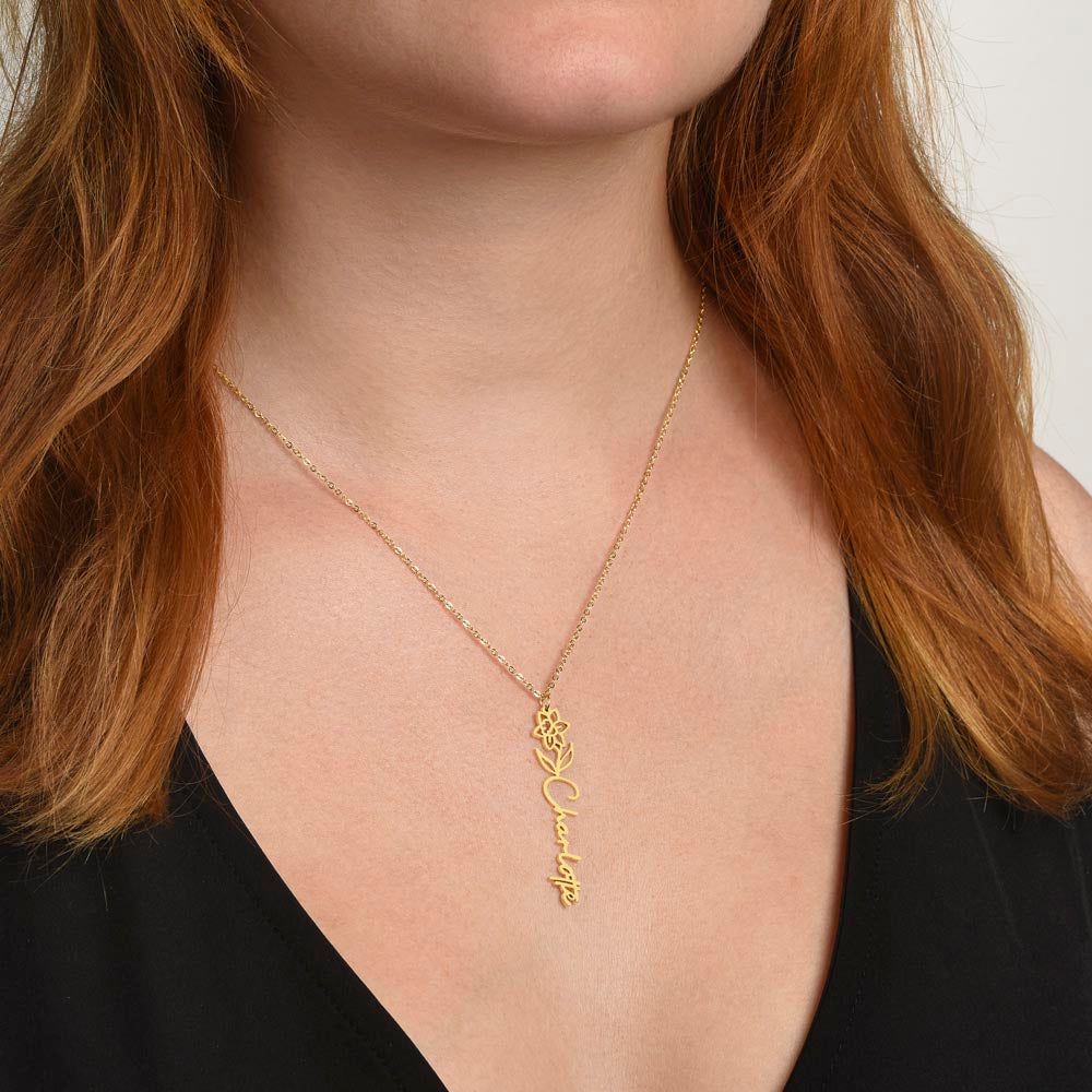 Heart Memento™ Petalwrit Personalized Birth Flower Name Necklace – Custom Birth Month Flower Necklace for Her