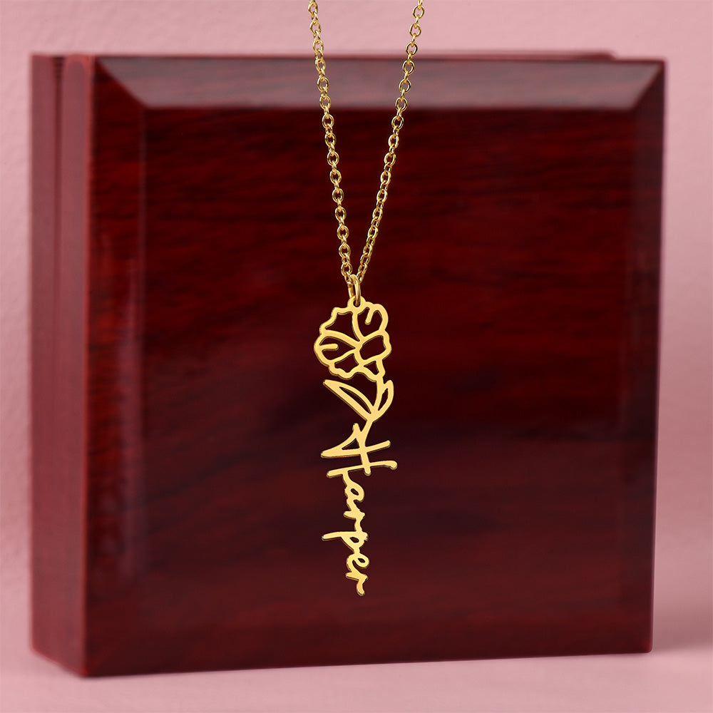 Heart Memento™ Petalwrit Personalized Birth Flower Name Necklace – Custom Birth Month Flower Necklace for Her
