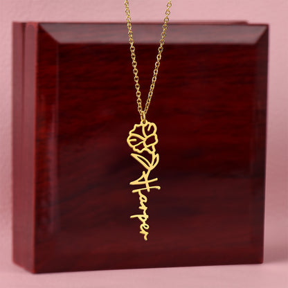 Heart Memento™ Petalwrit Personalized Birth Flower Name Necklace – Custom Birth Month Flower Necklace for Her