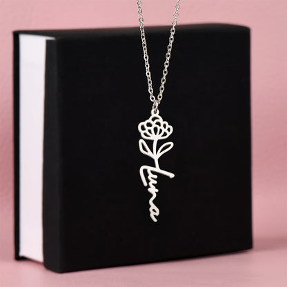 Heart Memento™ Petalwrit Personalized Birth Flower Name Necklace – Custom Birth Month Flower Necklace for Her