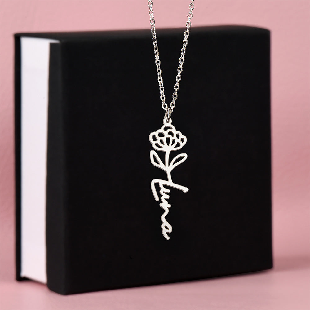 Heart Memento™ Petalwrit Personalized Birth Flower Name Necklace – Custom Birth Month Flower Necklace for Her
