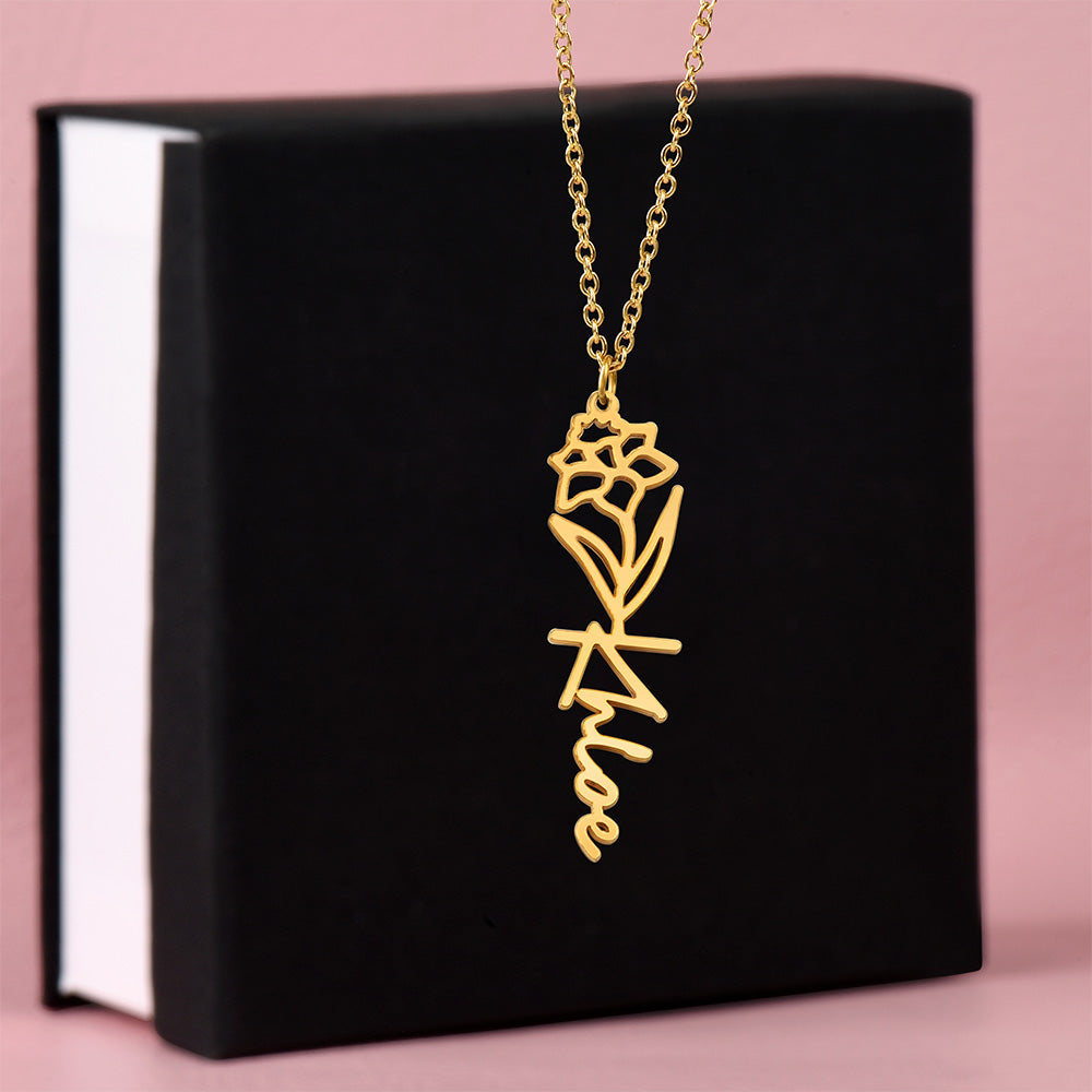 Heart Memento™ Petalwrit Personalized Birth Flower Name Necklace – Custom Birth Month Flower Necklace for Her