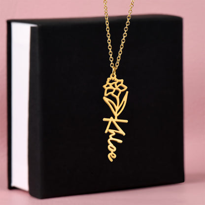 Heart Memento™ Petalwrit Personalized Birth Flower Name Necklace – Custom Birth Month Flower Necklace for Her