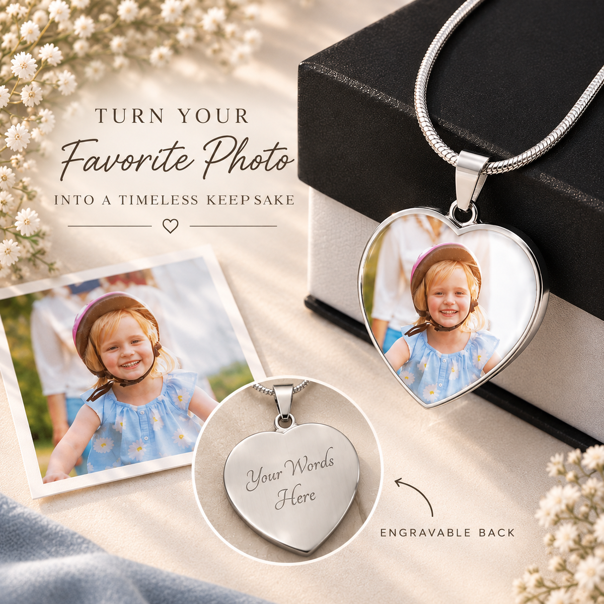 Heart Memento™ Warmlyframed Personalized Heart Photo Necklace – Custom Heart Picture Pendant Necklace for Her