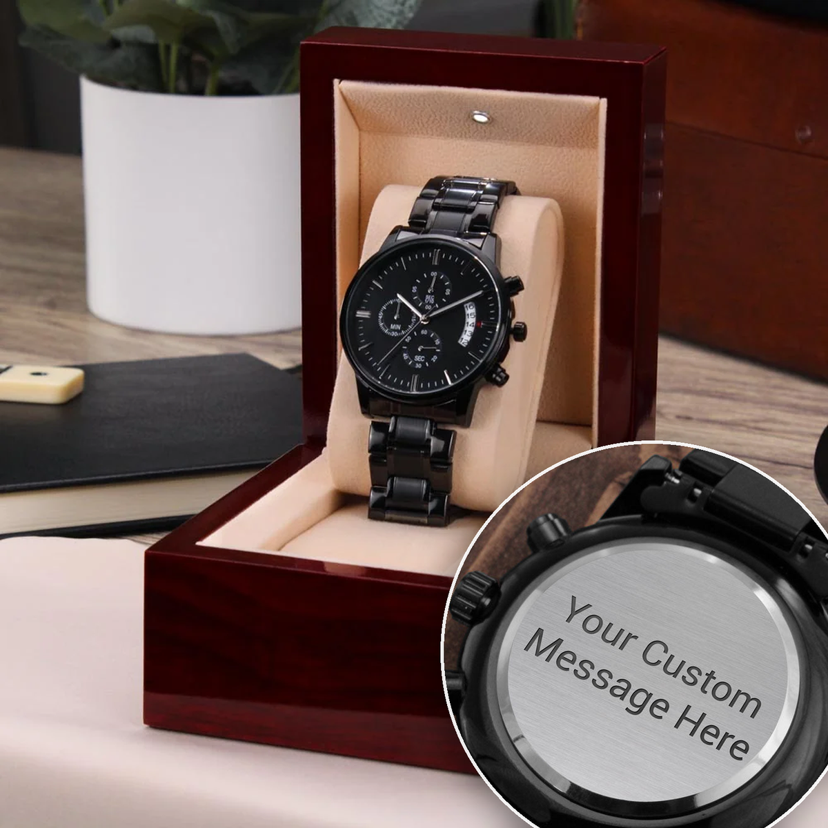 Personalized engraved chronograph watch for him in LED luxury gift box – Heart Memento
